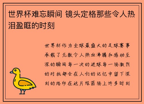 世界杯难忘瞬间 镜头定格那些令人热泪盈眶的时刻