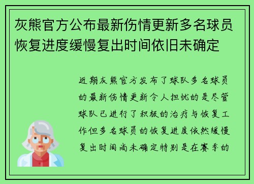 灰熊官方公布最新伤情更新多名球员恢复进度缓慢复出时间依旧未确定